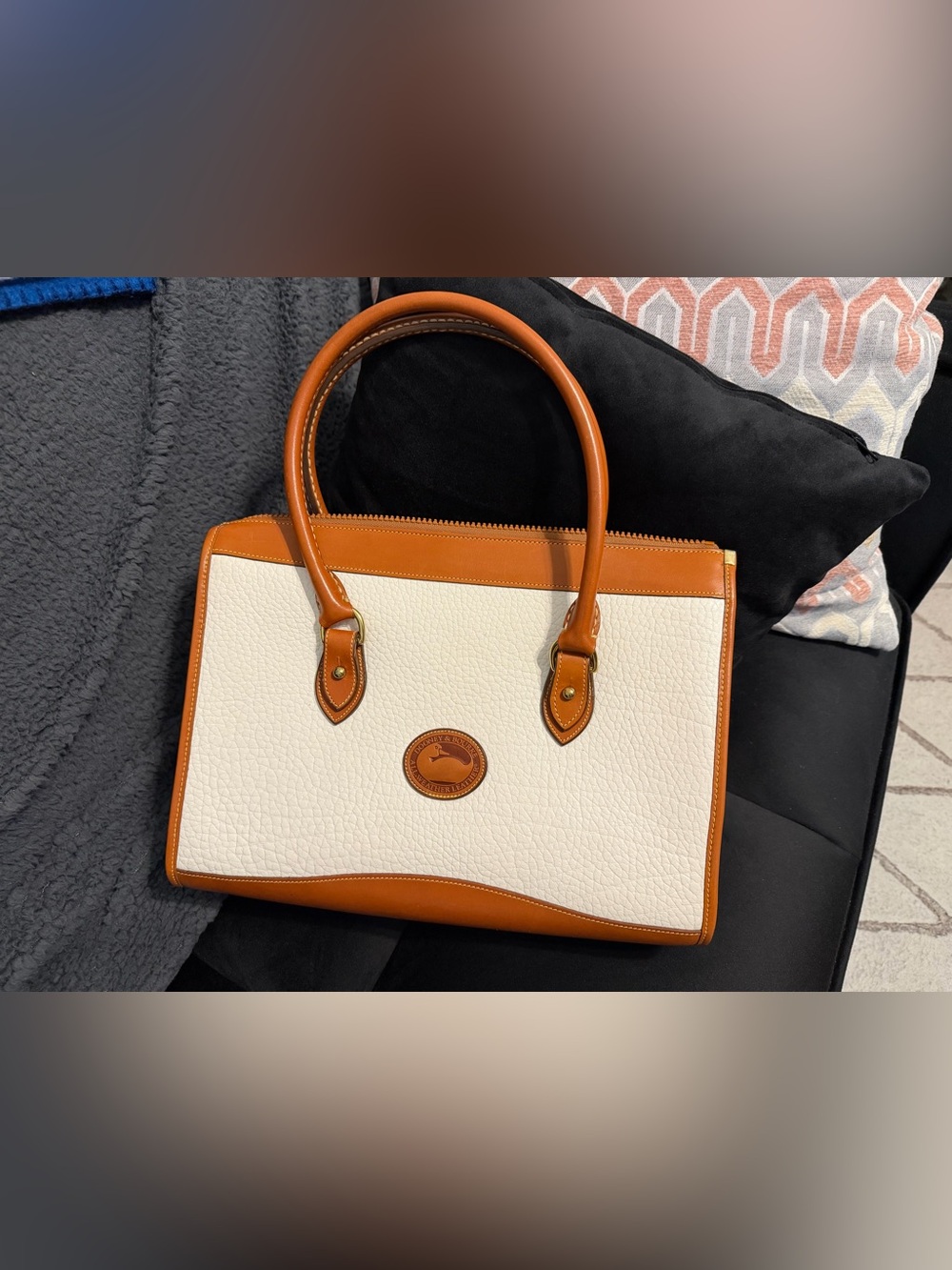 Dooney & Bourke White and Tan Pebbled Leather Satchel
